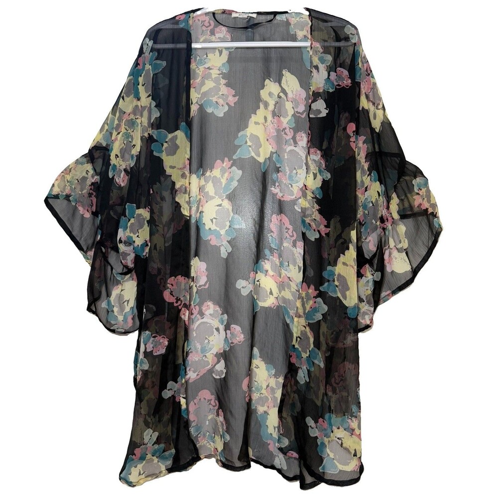 Mudd Sheer Floral Kimono Cardigan Open Front Black Chiffon Boho Cover Up OS